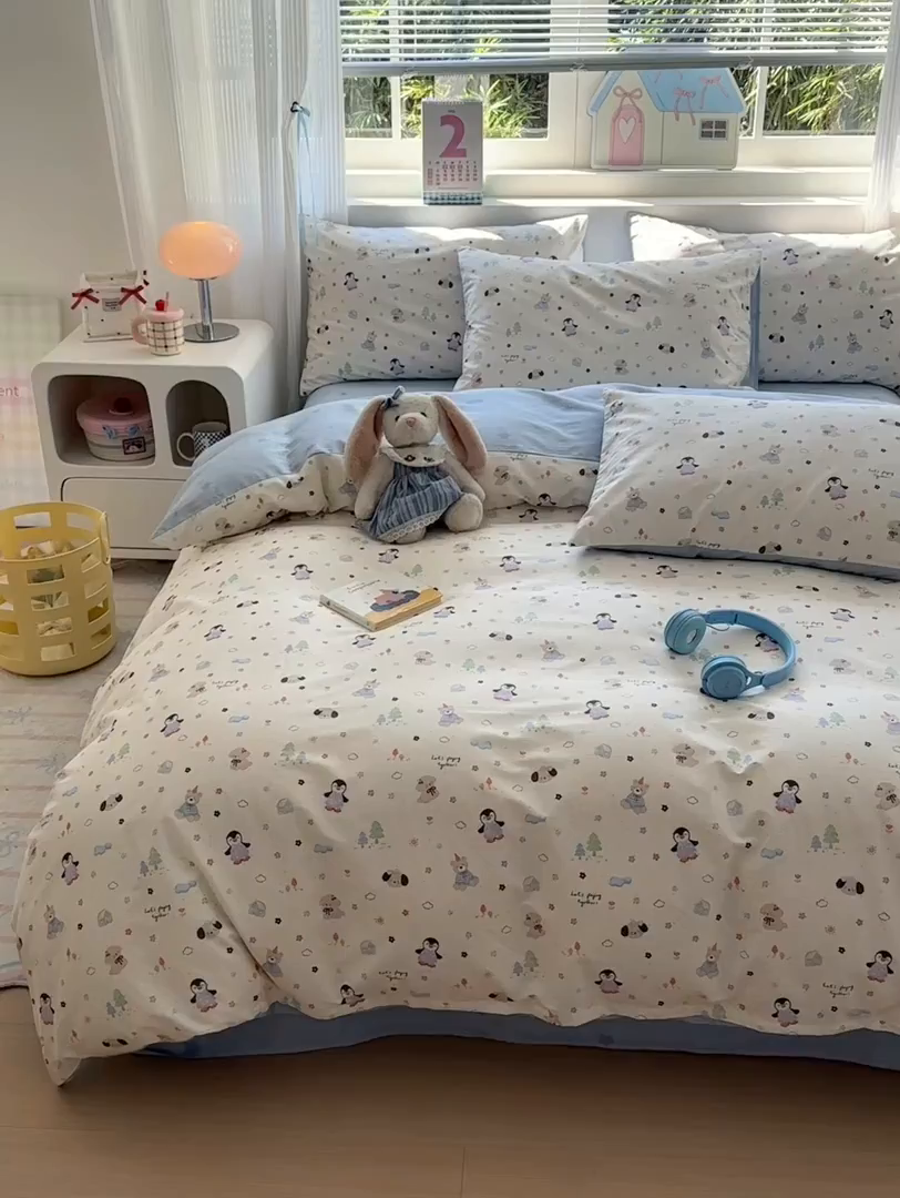 91家纺网 家纺一手货源 找家纺 清雅福 2026春夏新品全棉13372小清新四件套系列 QQ乐园