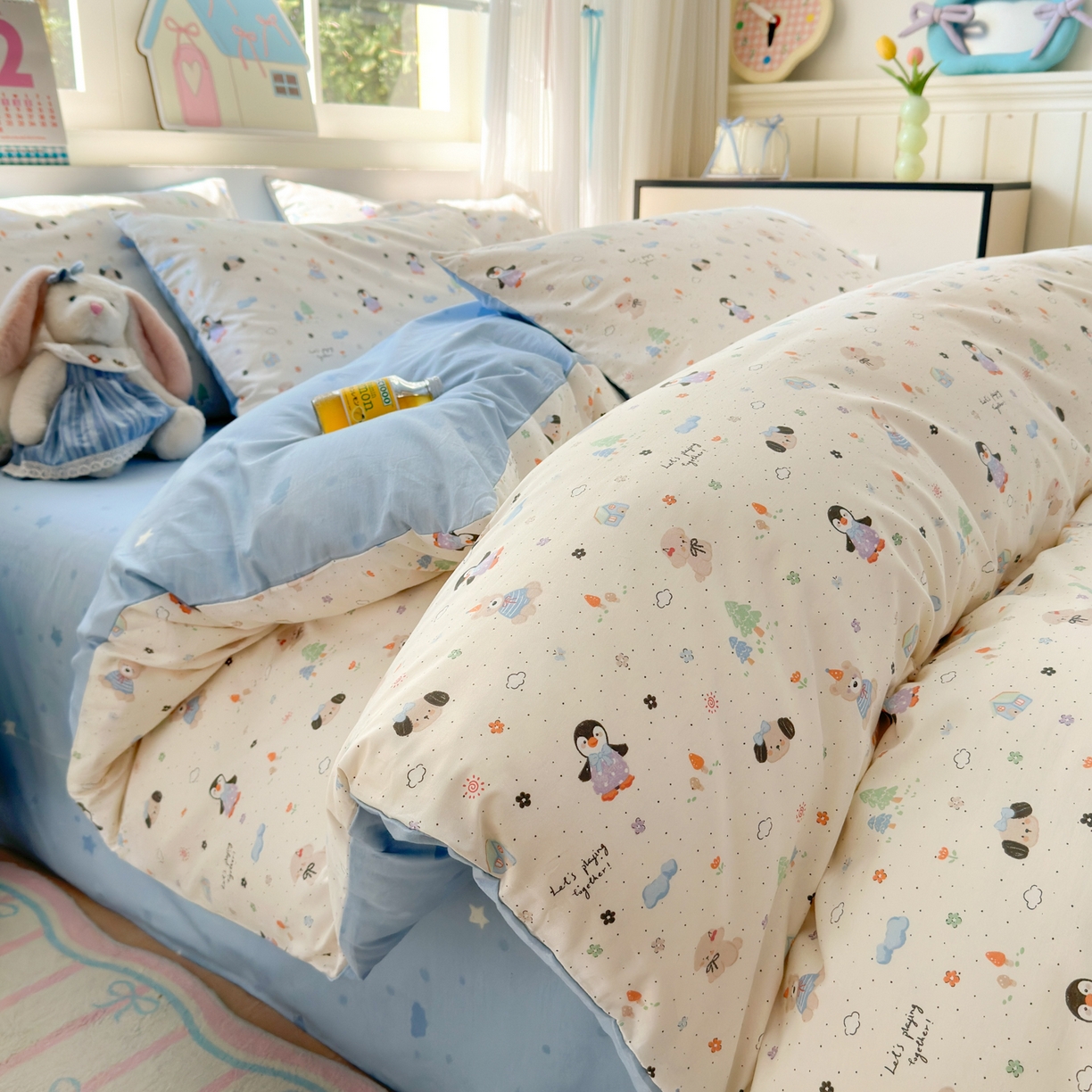 91家纺网 家纺一手货源 找家纺 清雅福 2026春夏新品全棉13372小清新单被套系列 QQ乐园