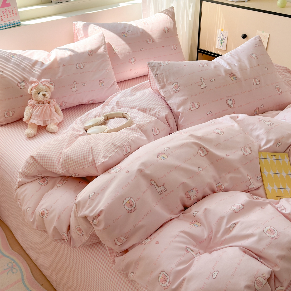 91家纺网 家纺一手货源 找家纺 清雅福 2026春夏新品全棉13372小清新单被套系列 小象之家粉