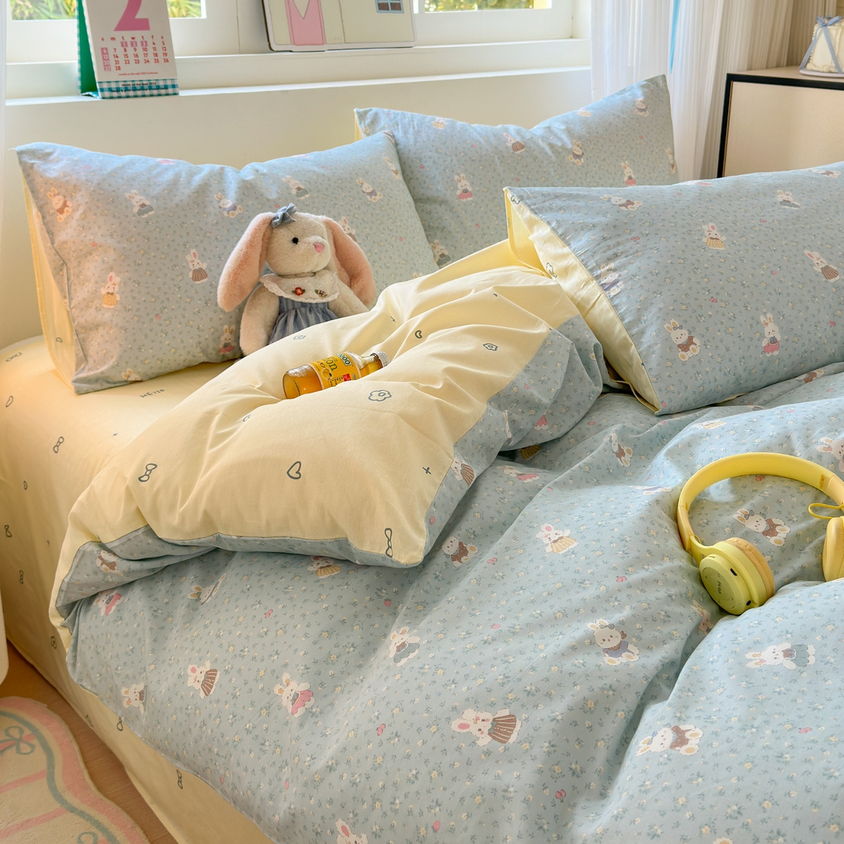 91家纺网 家纺一手货源 找家纺 清雅福 2026春夏新品全棉13372小清新单被套系列 告白兔