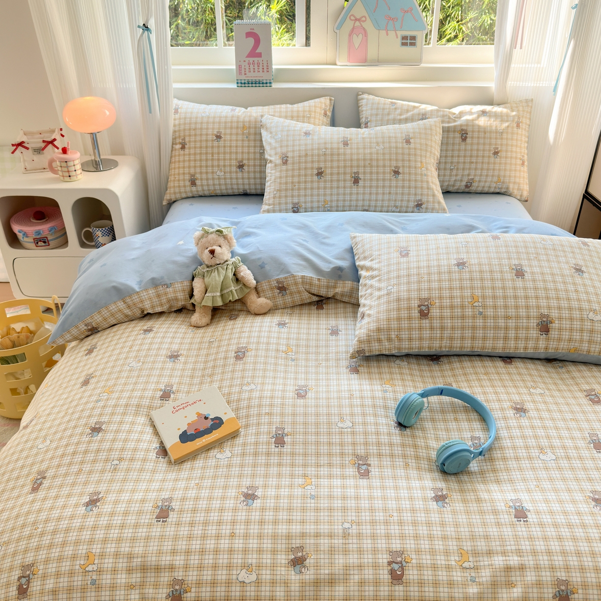 91家纺网 家纺一手货源 找家纺 清雅福 2026春夏新品全棉13372小清新单被套系列 摘星小熊