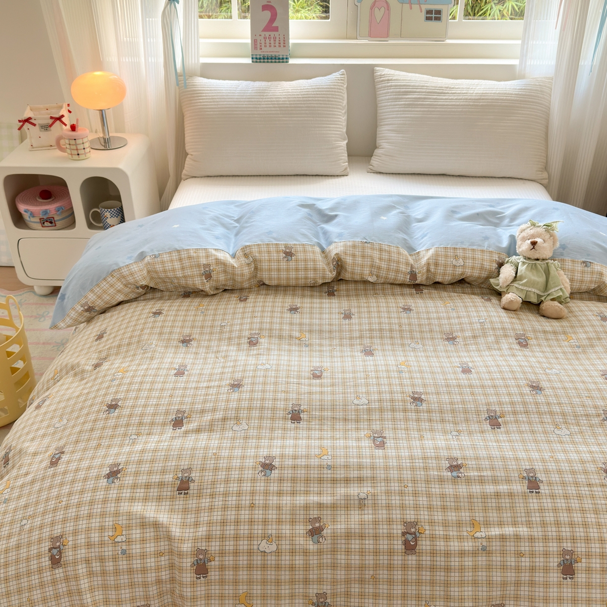 91家纺网 家纺一手货源 找家纺 清雅福 2026春夏新品全棉13372小清新单被套系列 摘星小熊