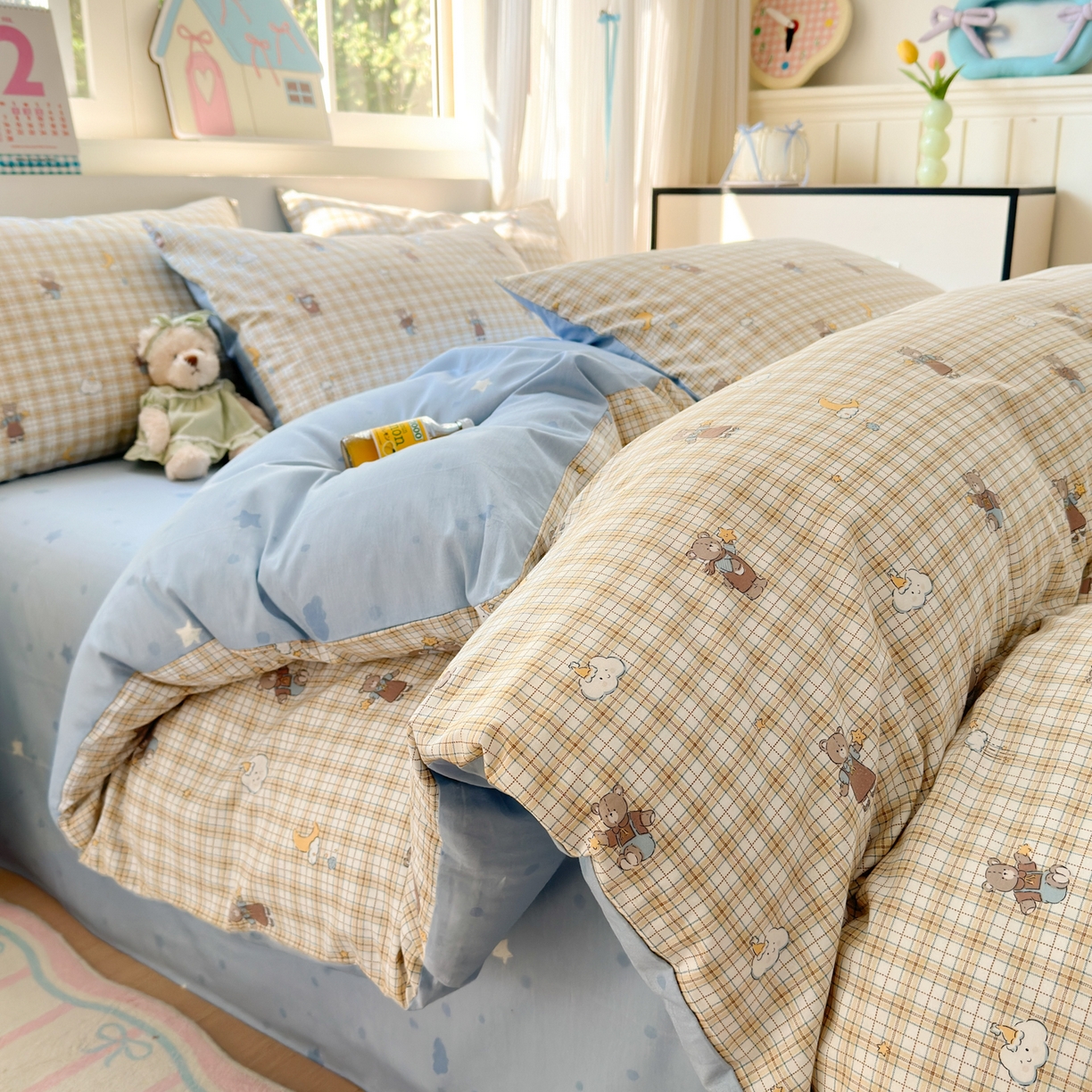 91家纺网 家纺一手货源 找家纺 清雅福 2026春夏新品全棉13372小清新单被套系列 摘星小熊