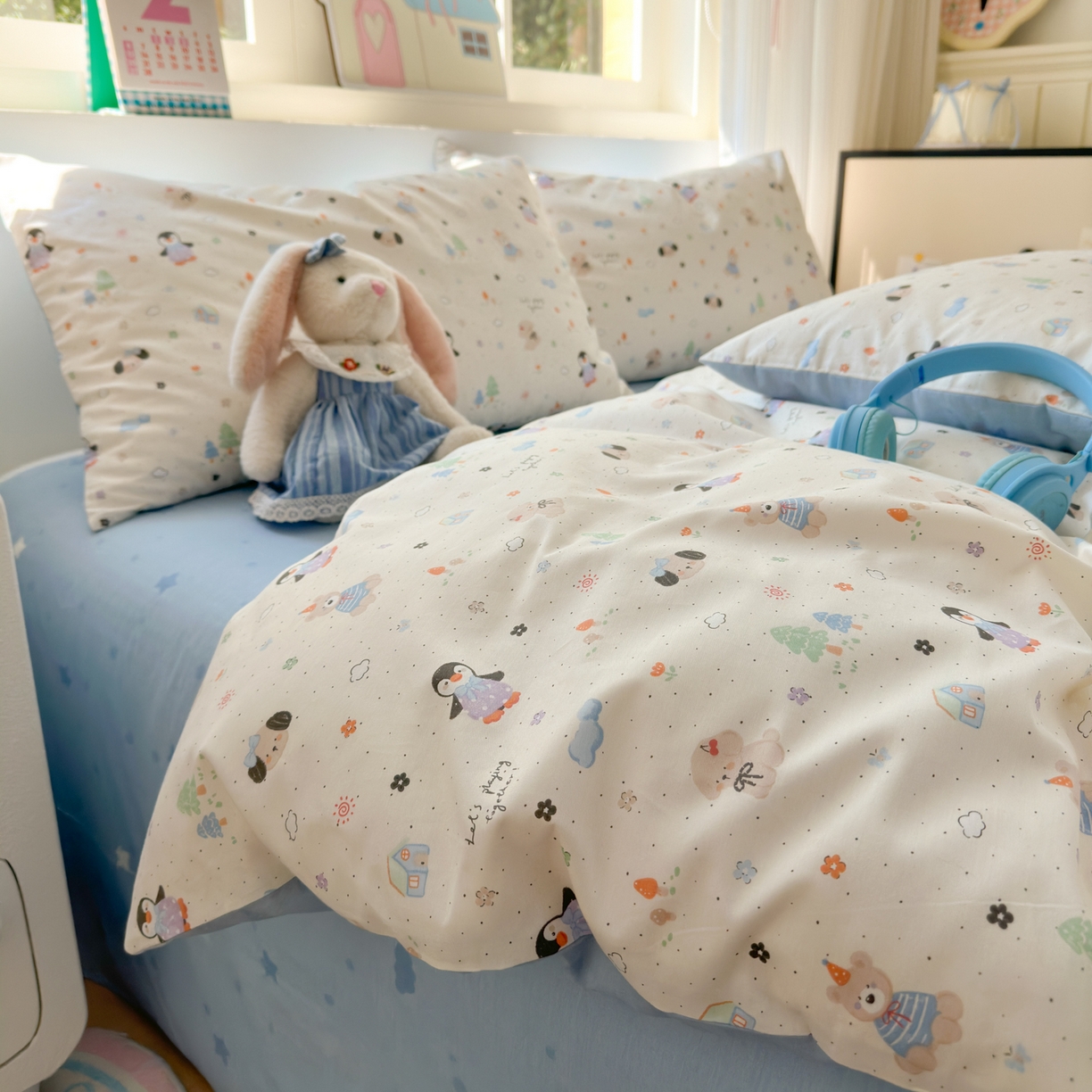 91家纺网 家纺一手货源 找家纺 清雅福 2026春夏新品全棉13372小清新单被套系列 QQ乐园