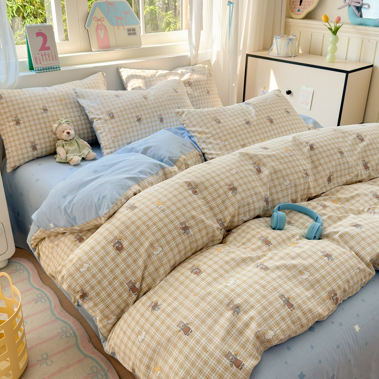 91家纺网 家纺一手货源 找家纺 清雅福 2026春夏新品全棉13372小清新单被套系列 摘星小熊