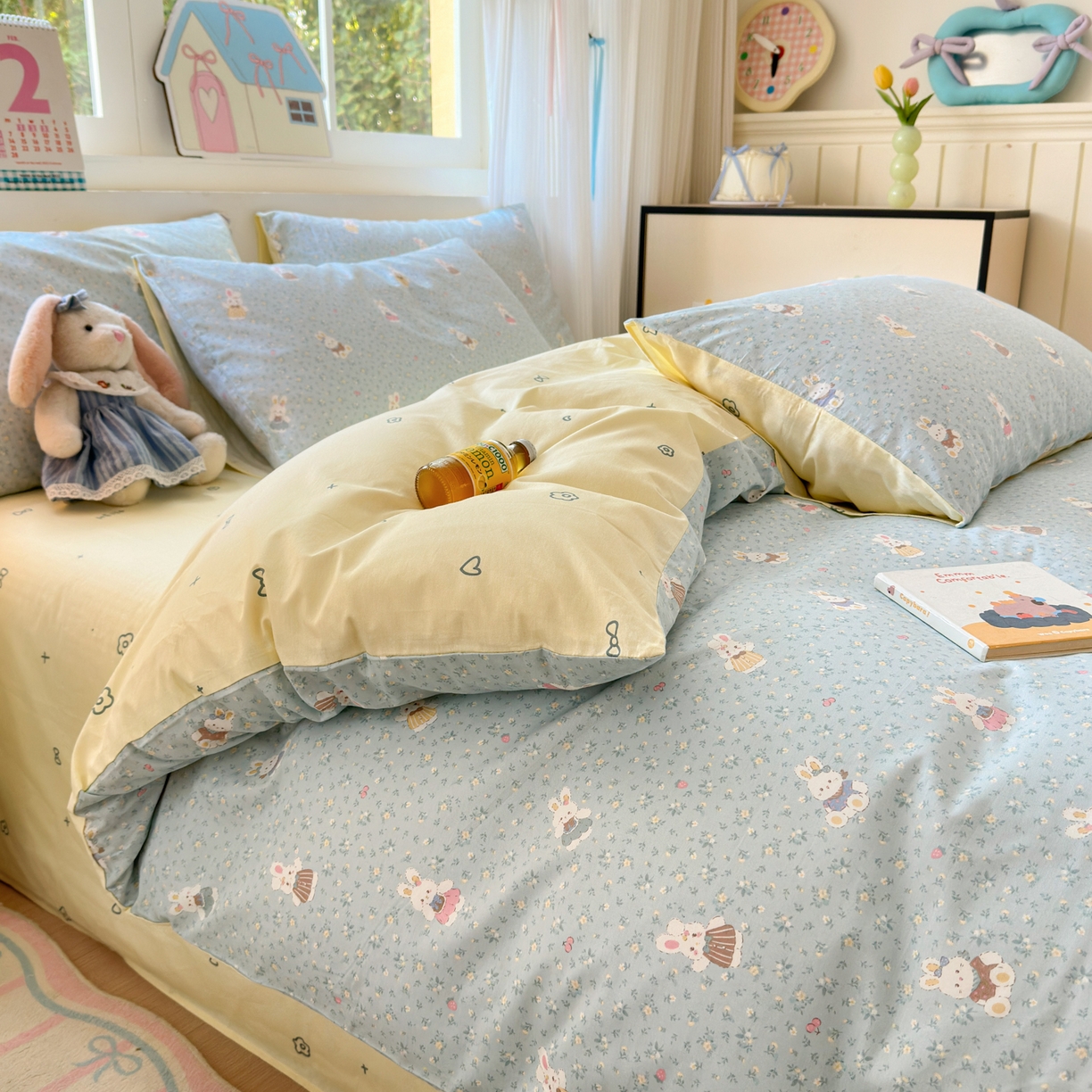 91家纺网 家纺一手货源 找家纺 清雅福 2026春夏新品全棉13372小清新单枕套系列 告白兔