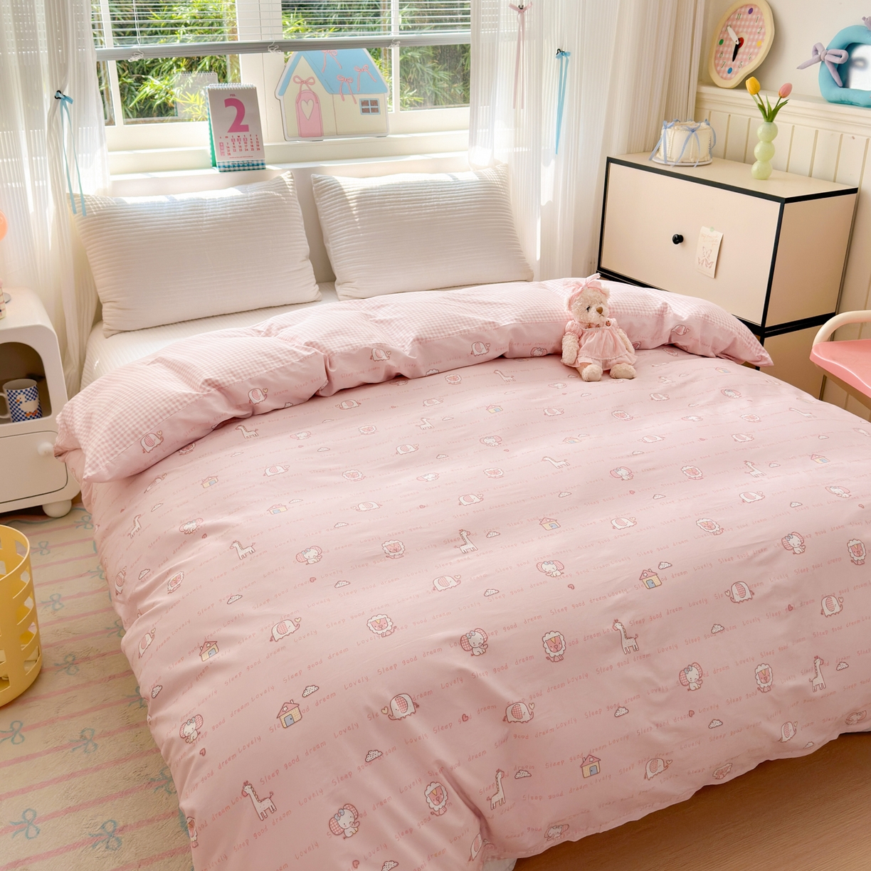 91家纺网 家纺一手货源 找家纺 清雅福 2026春夏新品全棉13372小清新单枕套系列 小象之家粉