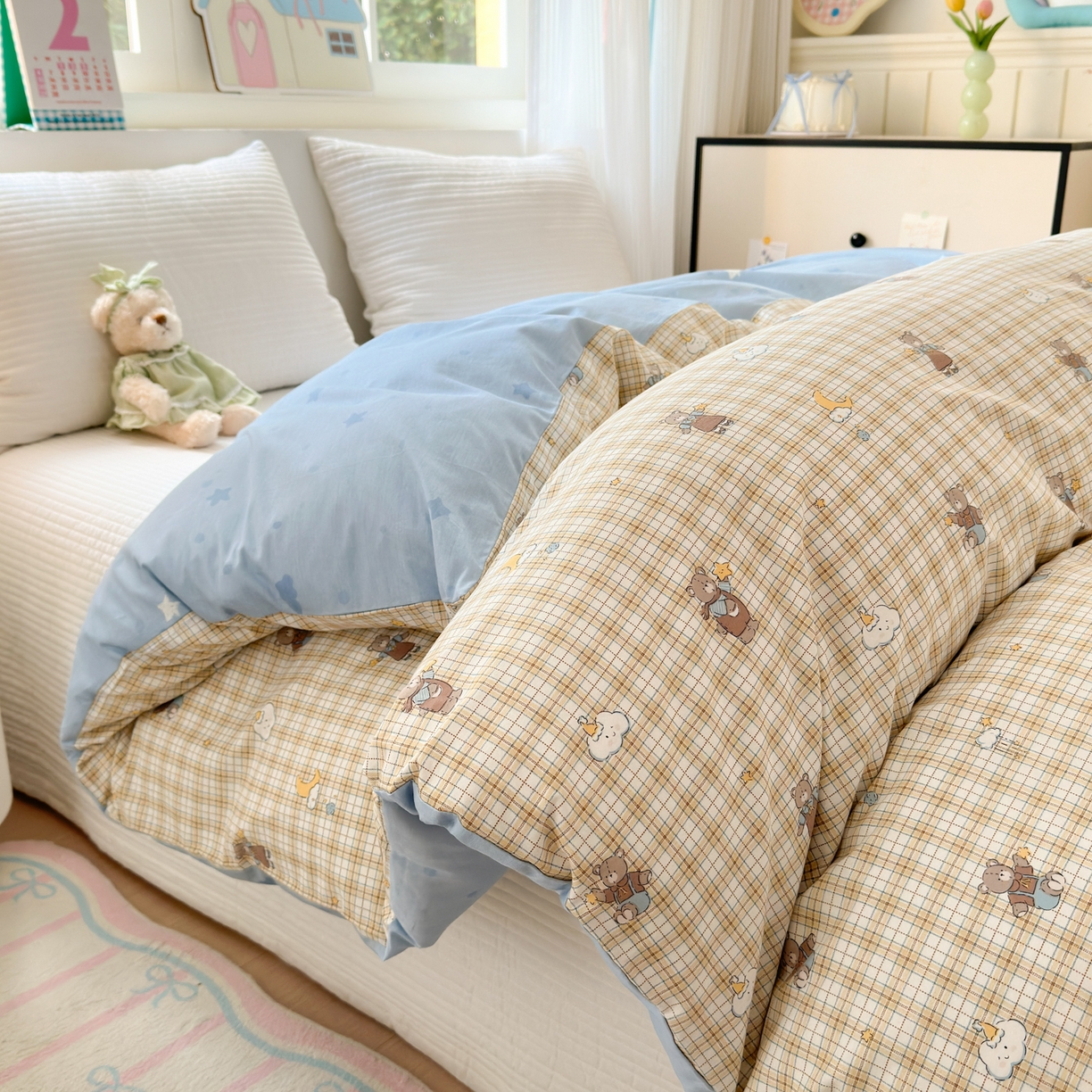 91家纺网 家纺一手货源 找家纺 清雅福 2026春夏新品全棉13372小清新单枕套系列 摘星小熊