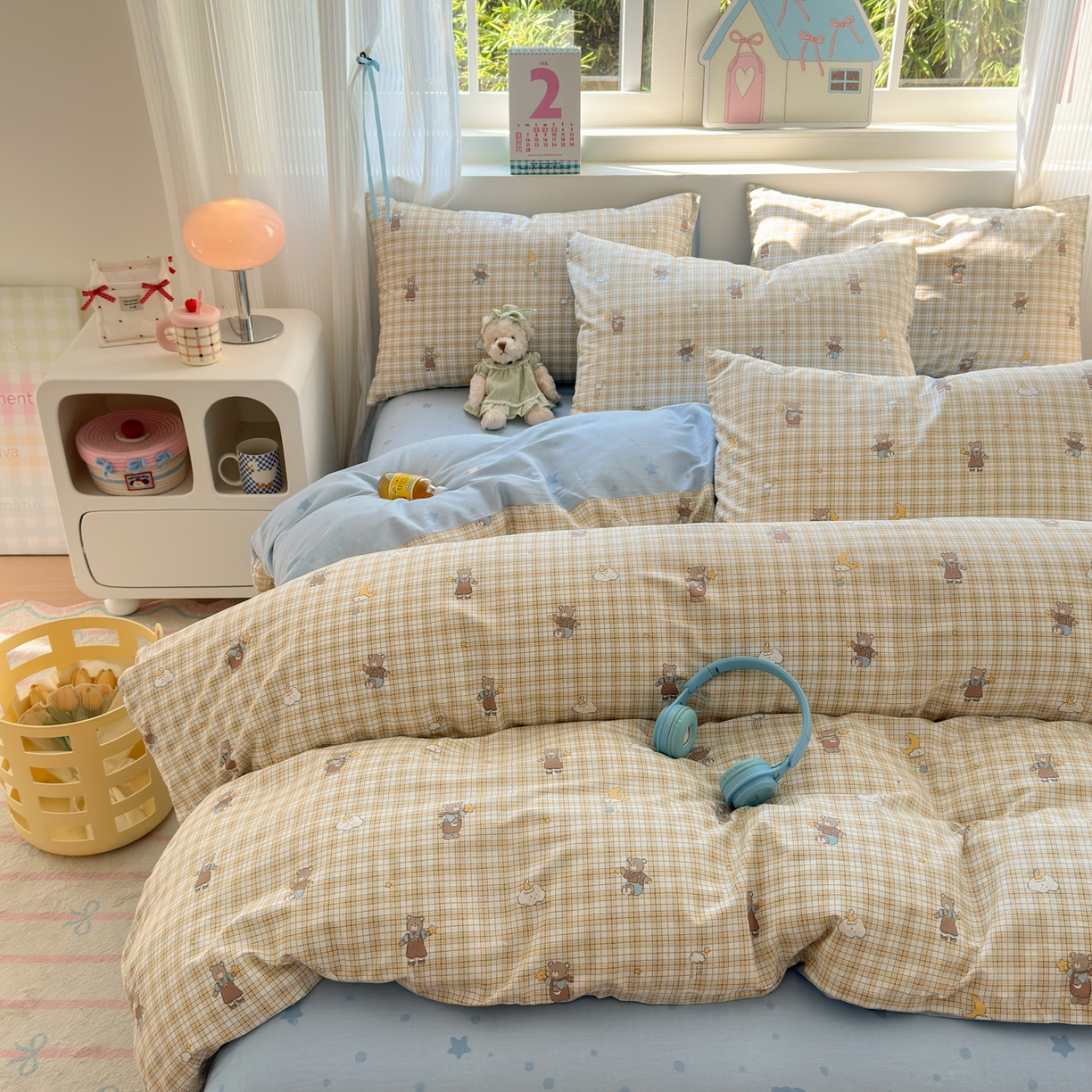 91家纺网 家纺一手货源 找家纺 清雅福 2026春夏新品全棉13372小清新单枕套系列 摘星小熊