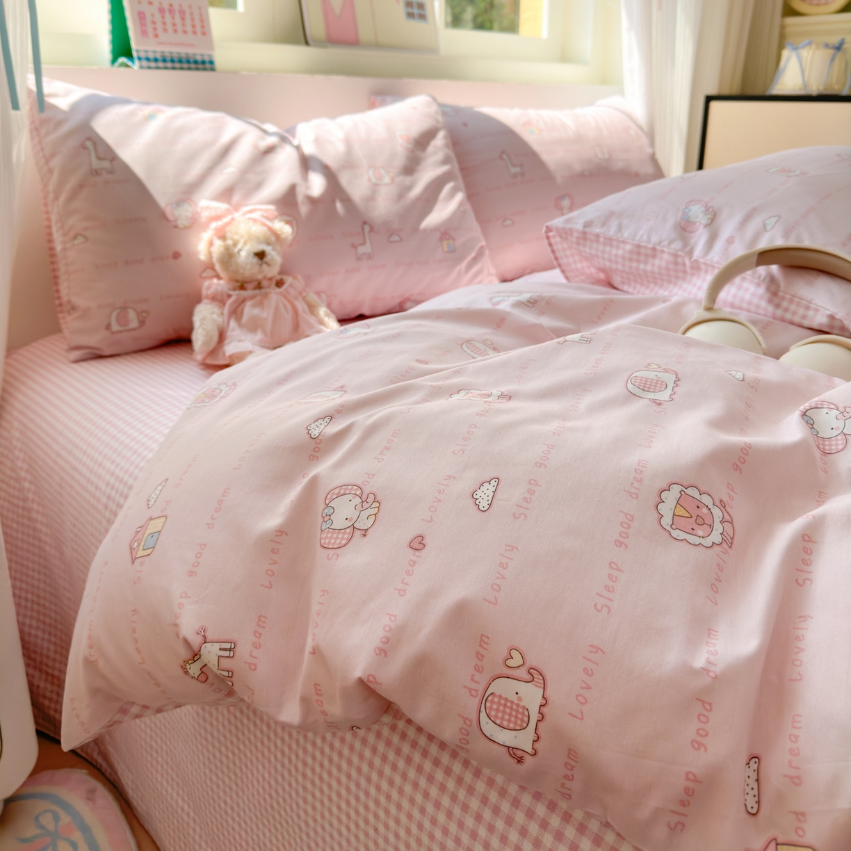 91家纺网 家纺一手货源 找家纺 清雅福 2026春夏新品全棉13372小清新单枕套系列 小象之家粉