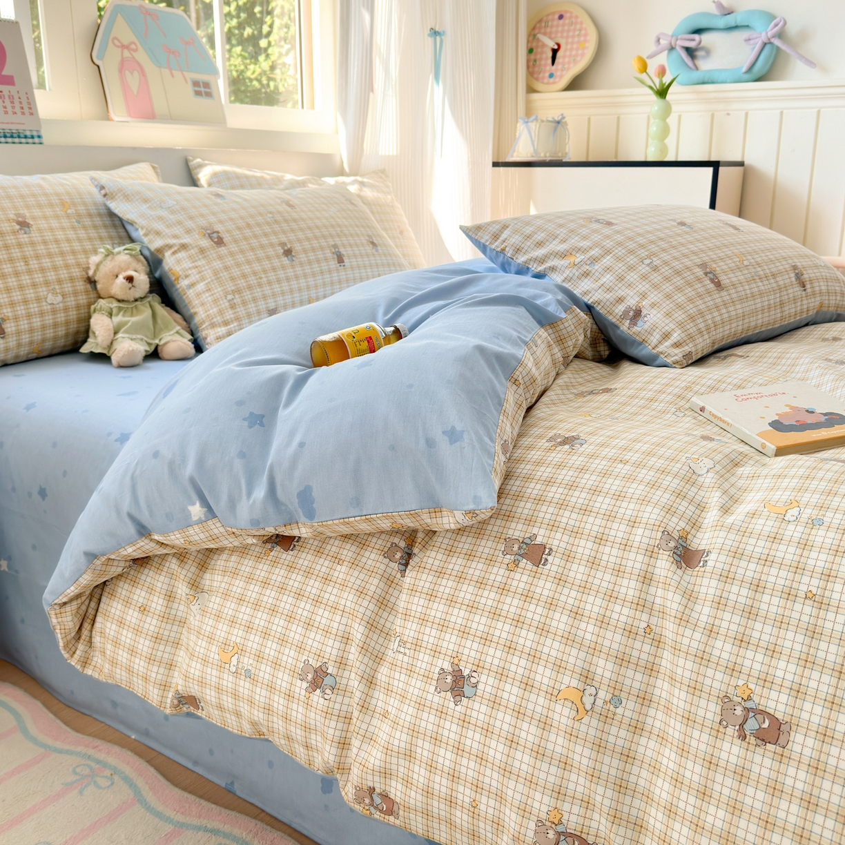 91家纺网 家纺一手货源 找家纺 清雅福 2026春夏新品全棉13372小清新单枕套系列 摘星小熊