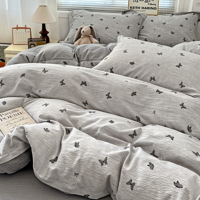 91家纺网 家纺一手货源 找家纺 仟网汇 2025新款古法水洗棉小布袋四件套 浮生若梦-灰