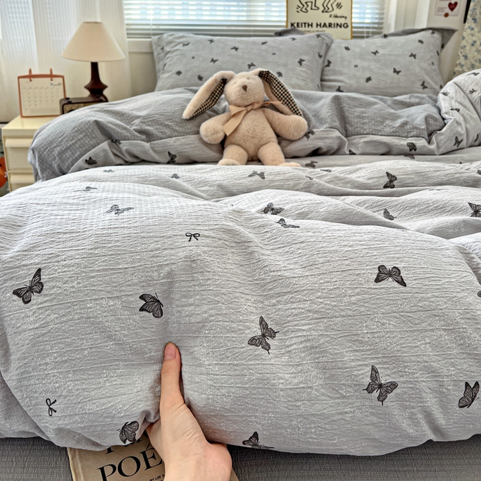 91家纺网 家纺一手货源 找家纺 仟网汇 2025新款古法水洗棉小布袋四件套 浮生若梦-灰