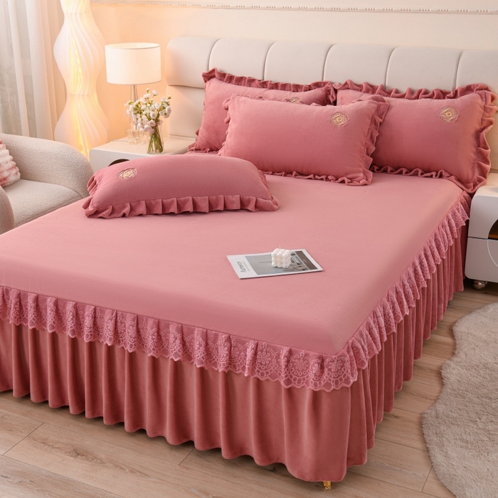 91家纺网 家纺一手货源 找家纺 优家居 2025新款240克高克重牛奶绒韩版刺绣花牛奶绒床单床裙款四件套 安娜-豆沙