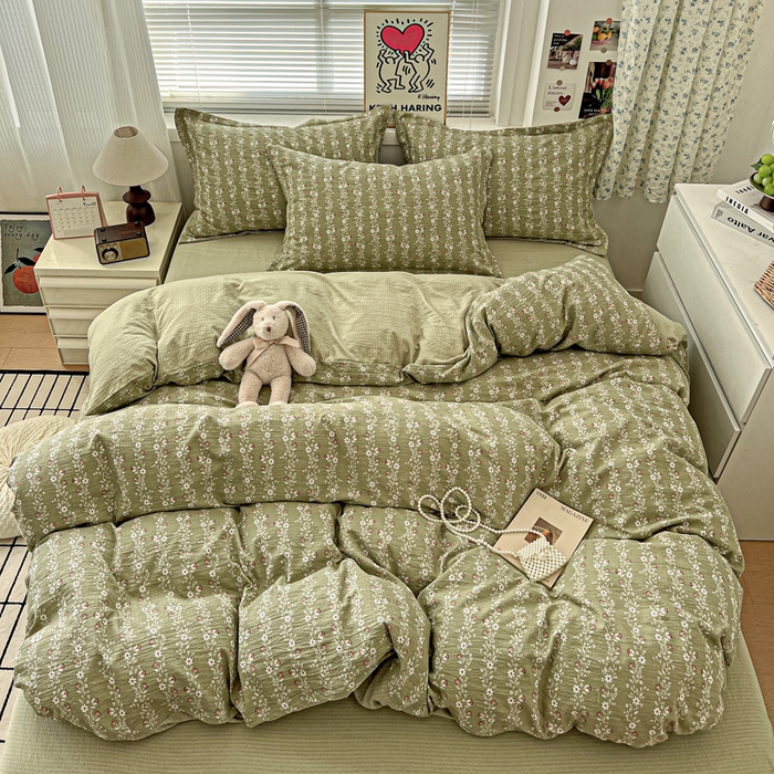 91家纺网 家纺一手货源 找家纺 仟网汇 2025新款古法水洗棉小布袋四件套 复古绿