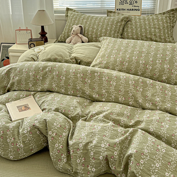 91家纺网 家纺一手货源 找家纺 仟网汇 2025新款古法水洗棉小布袋四件套 复古绿