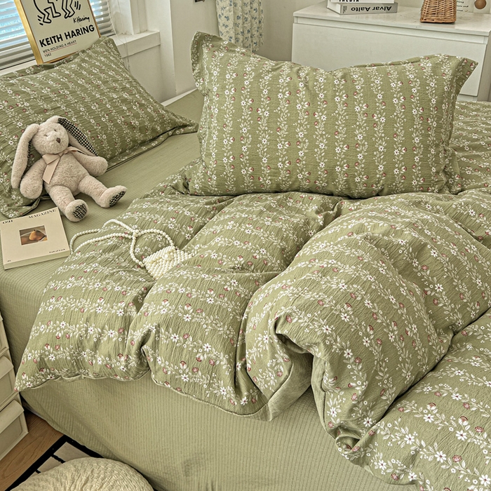 91家纺网 家纺一手货源 找家纺 仟网汇 2025新款古法水洗棉小布袋四件套 复古绿