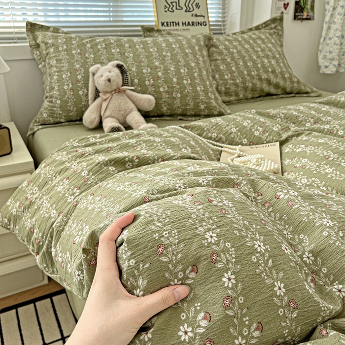 91家纺网 家纺一手货源 找家纺 仟网汇 2025新款古法水洗棉小布袋四件套 复古绿