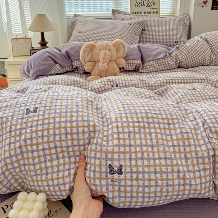 91家纺网 家纺一手货源 找家纺 仟网汇 2025新款古法水洗棉小布袋四件套 格纹紫蝶