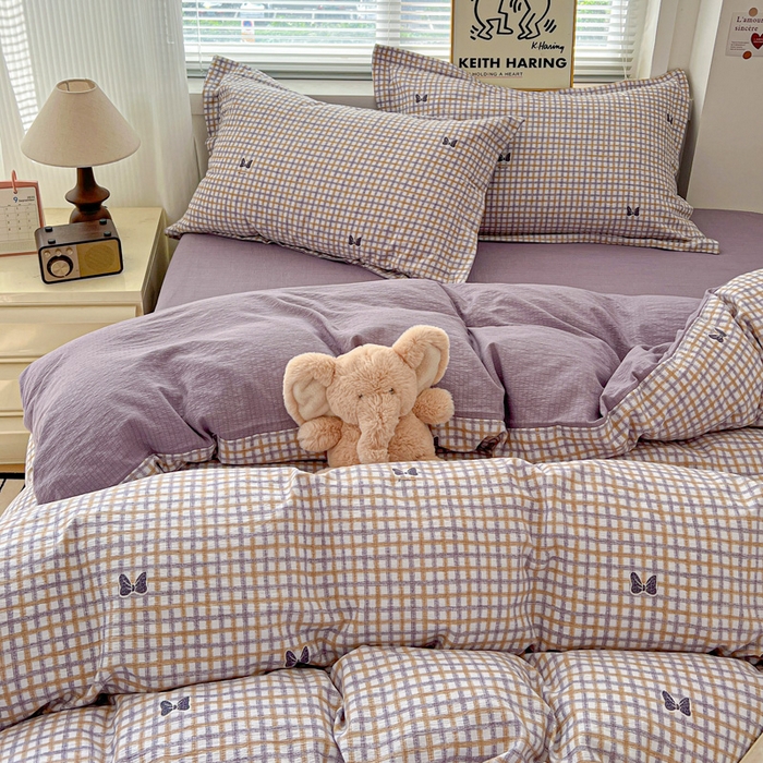 91家纺网 家纺一手货源 找家纺 仟网汇 2025新款古法水洗棉小布袋四件套 格纹紫蝶