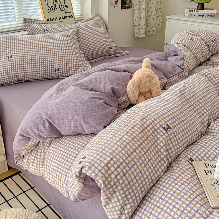 91家纺网 家纺一手货源 找家纺 仟网汇 2025新款古法水洗棉小布袋四件套 格纹紫蝶