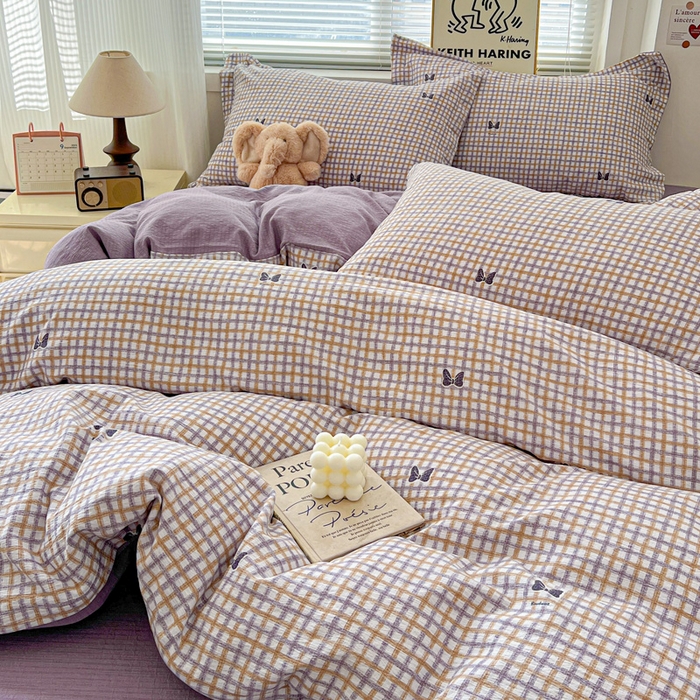 91家纺网 家纺一手货源 找家纺 仟网汇 2025新款古法水洗棉小布袋四件套 格纹紫蝶