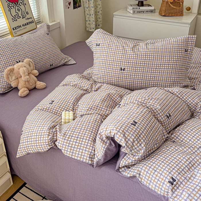 91家纺网 家纺一手货源 找家纺 仟网汇 2025新款古法水洗棉小布袋四件套 格纹紫蝶