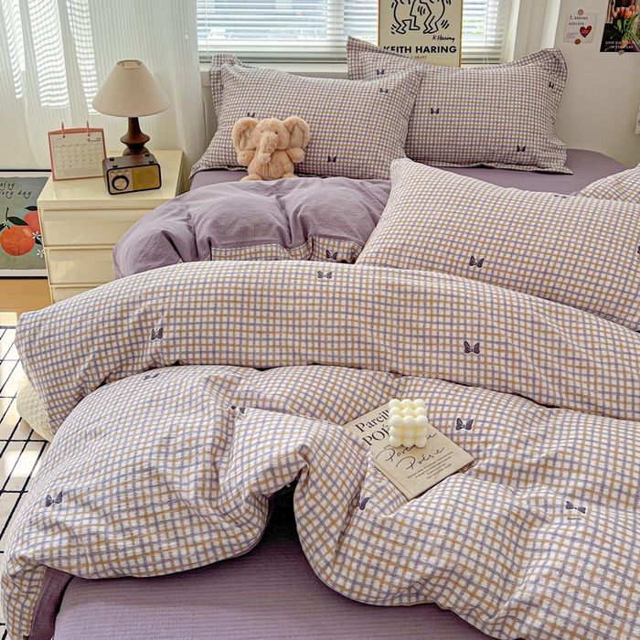 91家纺网 家纺一手货源 找家纺 仟网汇 2025新款古法水洗棉小布袋四件套 格纹紫蝶