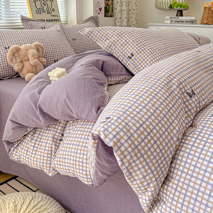 仟网汇 2025新款古法水洗棉小布袋四件套 格纹紫蝶