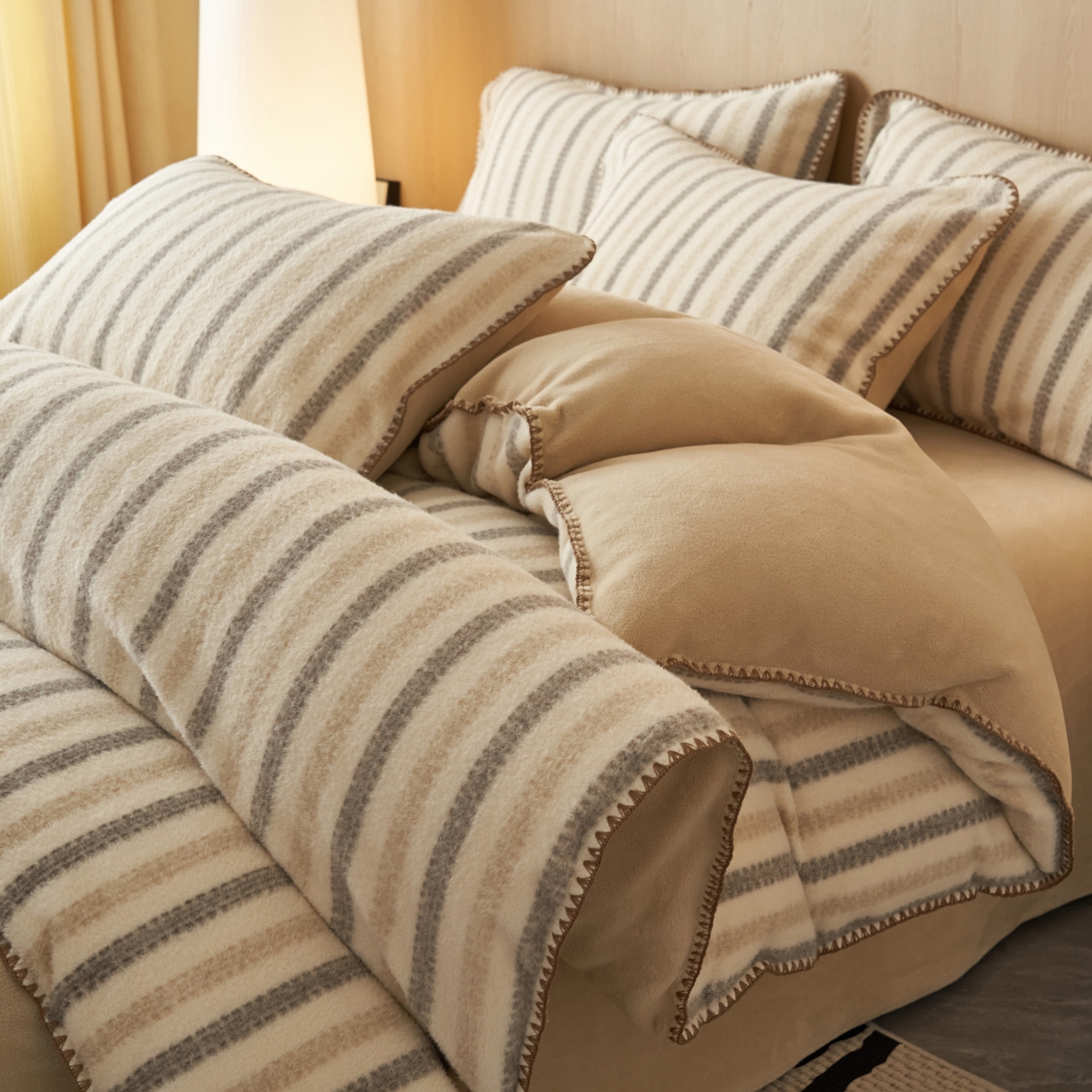 寐绸家纺 2025秋冬新款230g羊毛绒牛奶绒简约四件套 羊毛绒-灰咖条纹