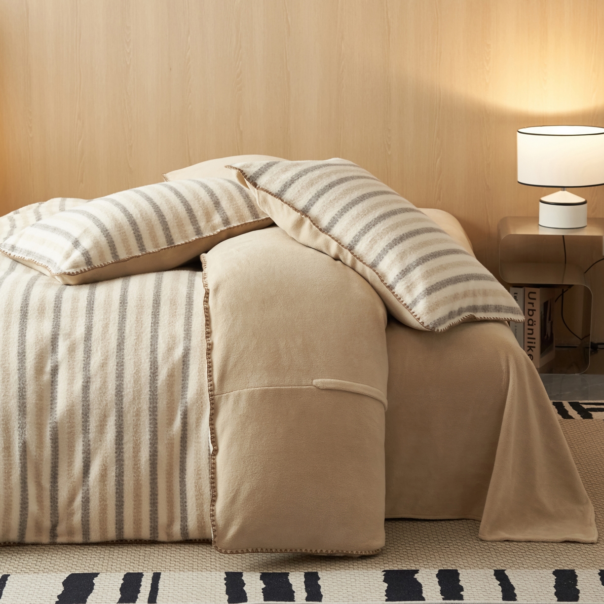 91家纺网 家纺一手货源 找家纺 寐绸家纺 2025秋冬新款230g羊毛绒牛奶绒简约四件套 羊毛绒-灰咖条纹