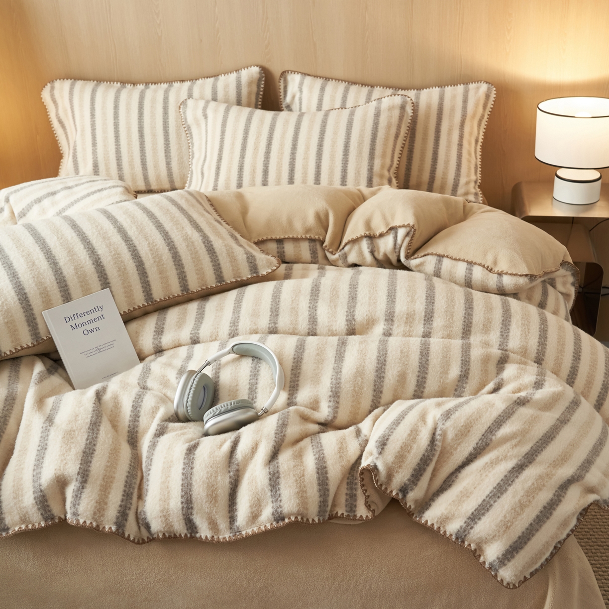 91家纺网 家纺一手货源 找家纺 寐绸家纺 2025秋冬新款230g羊毛绒牛奶绒简约四件套 羊毛绒-灰咖条纹