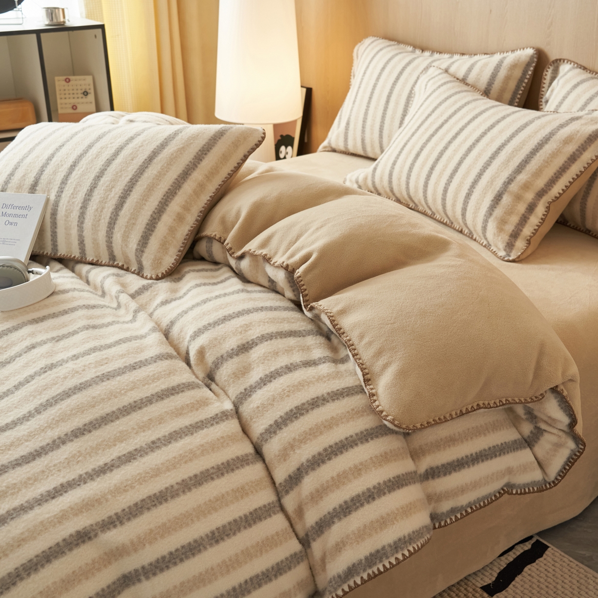91家纺网 家纺一手货源 找家纺 寐绸家纺 2025秋冬新款230g羊毛绒牛奶绒简约四件套 羊毛绒-灰咖条纹
