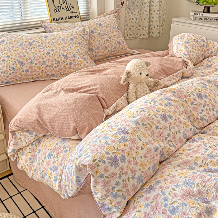 91家纺网 家纺一手货源 找家纺 仟网汇 2025新款古法水洗棉小布袋四件套 花海粉