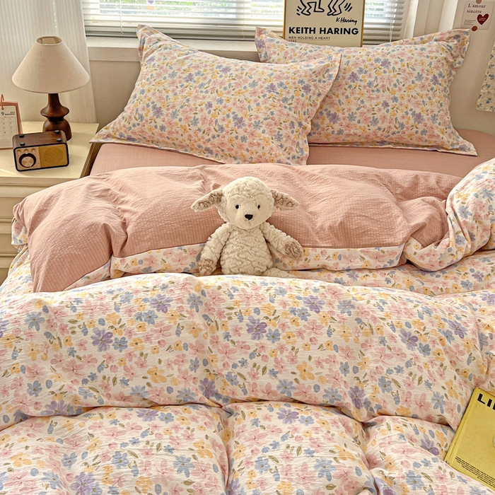 91家纺网 家纺一手货源 找家纺 仟网汇 2025新款古法水洗棉小布袋四件套 花海粉