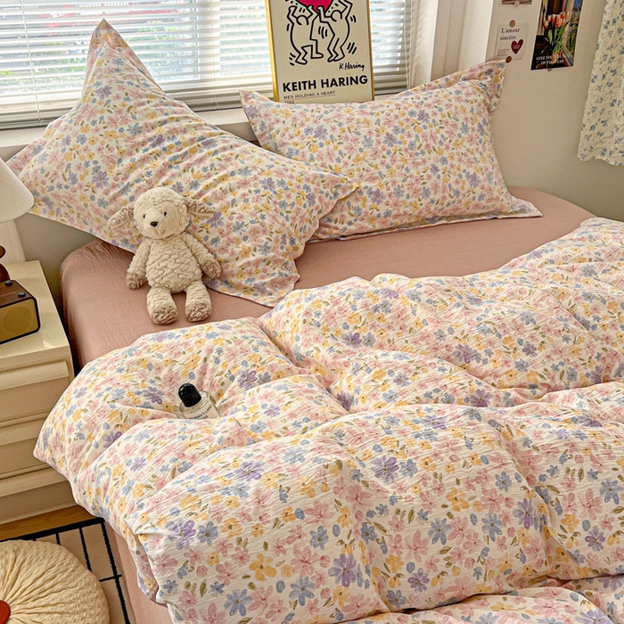 91家纺网 家纺一手货源 找家纺 仟网汇 2025新款古法水洗棉小布袋四件套 花海粉