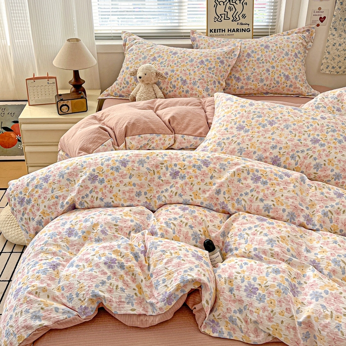 91家纺网 家纺一手货源 找家纺 仟网汇 2025新款古法水洗棉小布袋四件套 花海粉