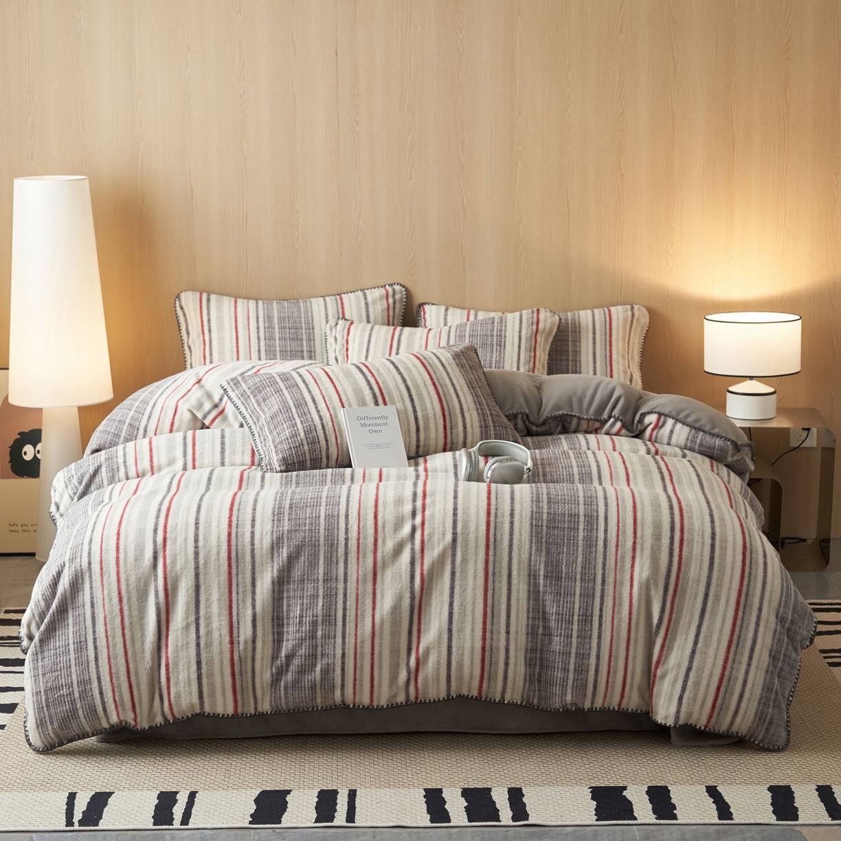 91家纺网 家纺一手货源 找家纺 寐绸家纺 2025秋冬新款230g羊毛绒牛奶绒简约四件套 羊毛绒-炫彩条纹