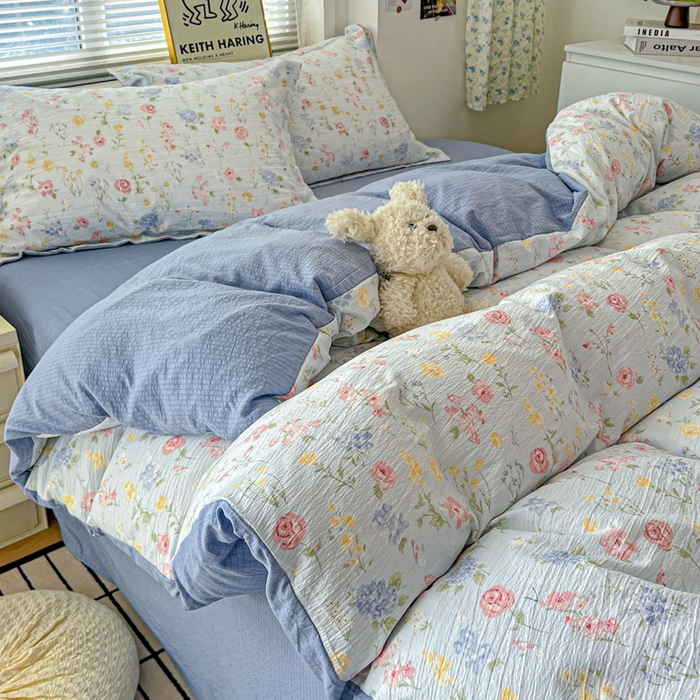 91家纺网 家纺一手货源 找家纺 仟网汇 2025新款古法水洗棉小布袋四件套 花海蓝