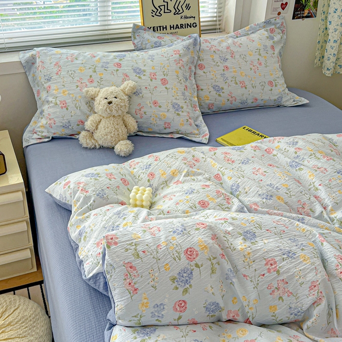 91家纺网 家纺一手货源 找家纺 仟网汇 2025新款古法水洗棉小布袋四件套 花海蓝