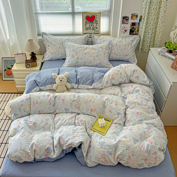 91家纺网 家纺一手货源 找家纺 仟网汇 2025新款古法水洗棉小布袋四件套 花海蓝