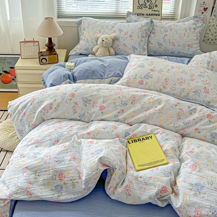 91家纺网 家纺一手货源 找家纺 仟网汇 2025新款古法水洗棉小布袋四件套 花海蓝