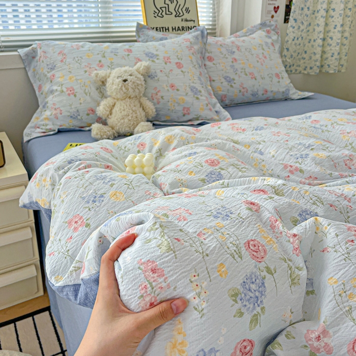 91家纺网 家纺一手货源 找家纺 仟网汇 2025新款古法水洗棉小布袋四件套 花海蓝