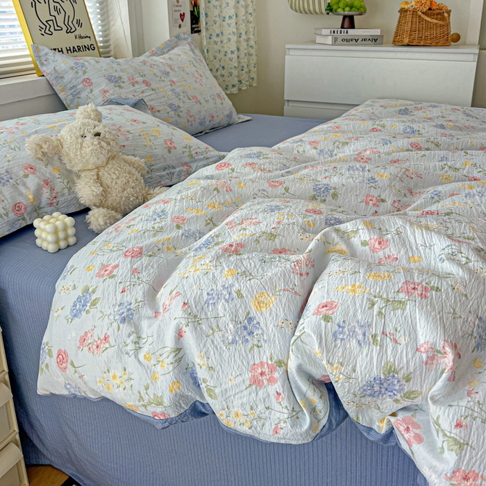 91家纺网 家纺一手货源 找家纺 仟网汇 2025新款古法水洗棉小布袋四件套 花海蓝