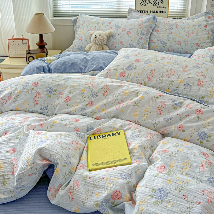 91家纺网 家纺一手货源 找家纺 仟网汇 2025新款古法水洗棉小布袋四件套 花海蓝