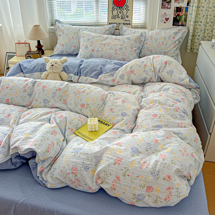 91家纺网 家纺一手货源 找家纺 仟网汇 2025新款古法水洗棉小布袋四件套 花海蓝