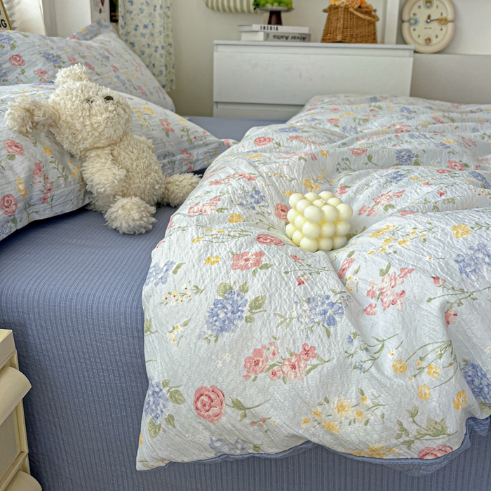 91家纺网 家纺一手货源 找家纺 仟网汇 2025新款古法水洗棉小布袋四件套 花海蓝