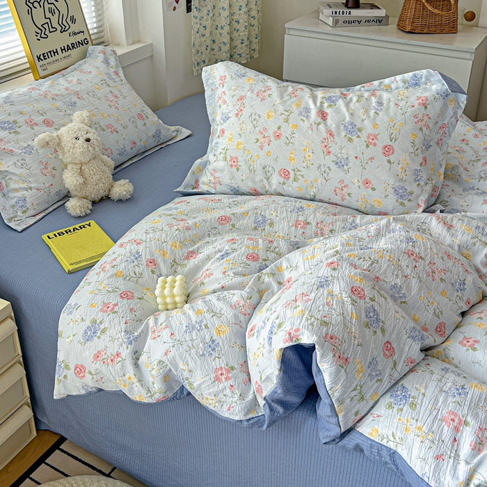 91家纺网 家纺一手货源 找家纺 仟网汇 2025新款古法水洗棉小布袋四件套 花海蓝