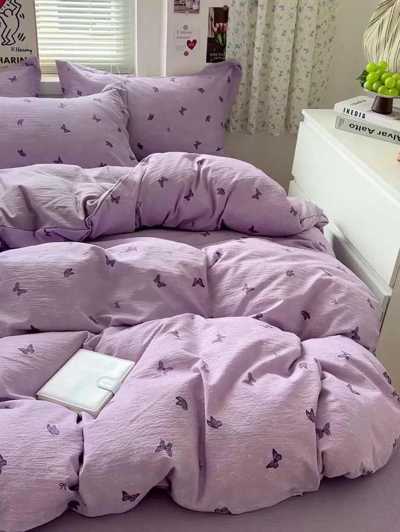 91家纺网 家纺一手货源 找家纺 仟网汇 2025新款古法水洗棉小布袋四件套 幻梦蝶影