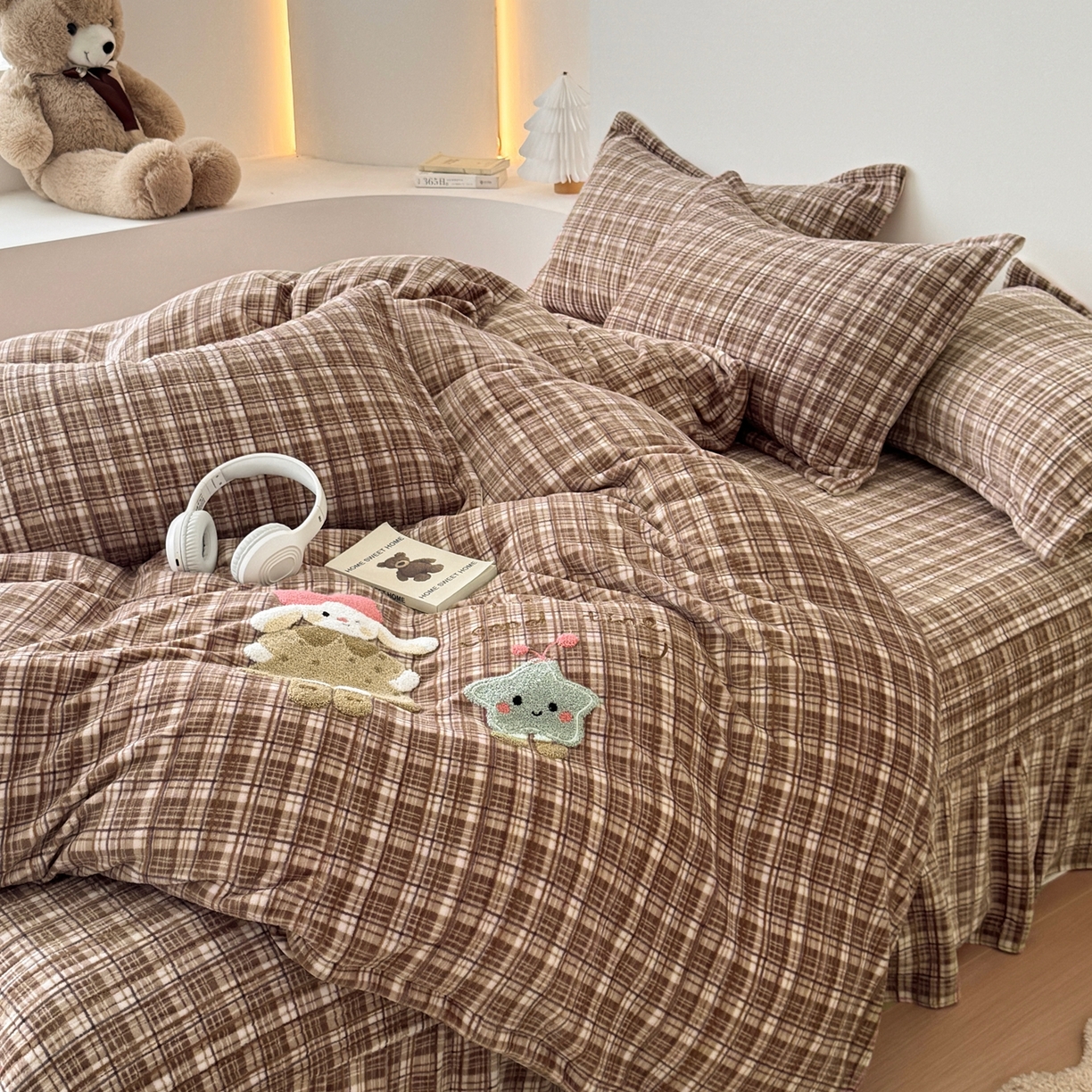 91家纺网 家纺一手货源 找家纺 希朵家纺 2025新款可爱牛奶绒毛巾绣床盖四件套 五角星兔